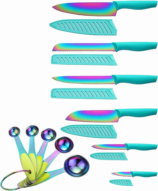 Knife Set with Spoons, KYA37B Knife Sets with Blade Guards and Measuring Spoons, Marco Almond® Rainbow Color 17-Piece Stainless Steel Kitchen Knives Set with Covers | 6 Knives w 6 Blade Guards&Spoon Steel Knife Set for Kitchen, Anti-Rust,Ergonomic Hand... by MarcoAlmond