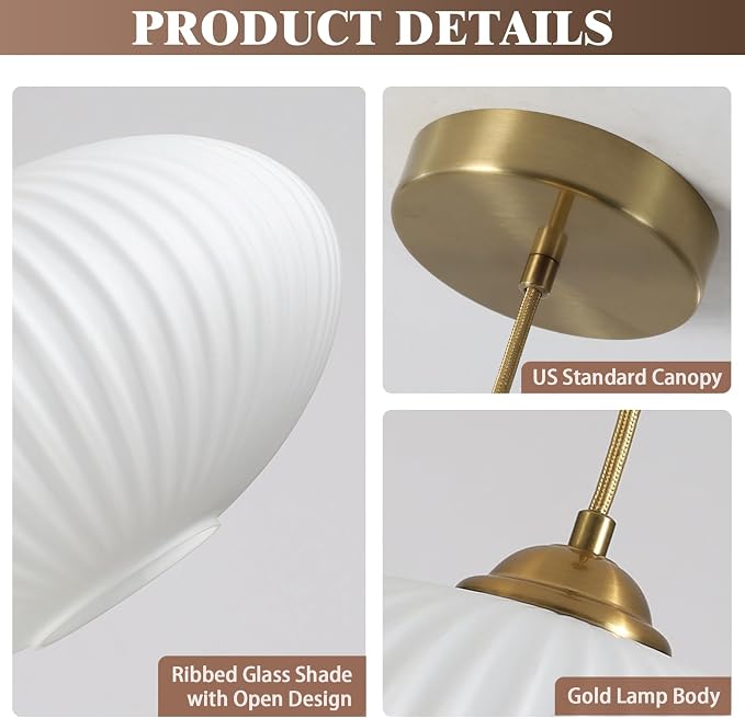 KCO Lighting Modern Gold Brass 9.8" White Milk Ribbed Glass Pendant Light | E26 Hardwired Adjustable Cord Ceiling Light for Sloped Ceiling Mid Century Hanging Lamp for Kitchen Island Dining Room - Image 3