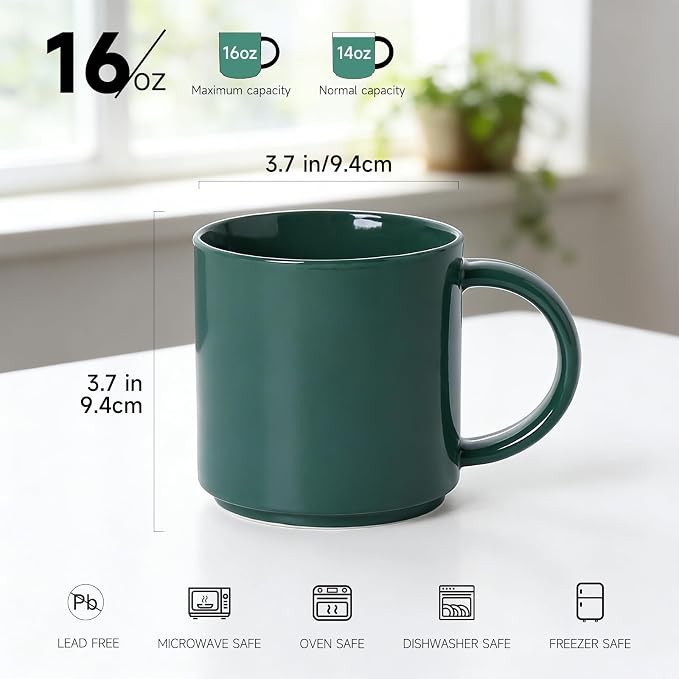 Coffee Mugs Set of 4, Stoneware Coffee Cups with Comfortable Handle, 16oz Ceramic Mugs for Kitchen & Office, Dishwasher & Microwave Safe - Green - Image 2
