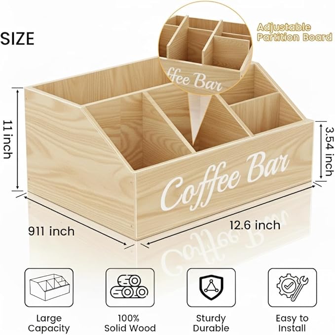 Coffee Station Organizer for Countertop – Wooden Coffee Bar Organizer with Adjustable Dividers,Holds K Cup Pod & syrup bottles, for Kitchen, Office, or Bar and Tea Station, Wood Color - Image 4