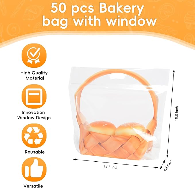 Funcoo Plastic Bread Bags for Homemade Bread, 50 Pcs Sourdough Loaf Food Storage Bags, Bakery Bags with Window for Loaves, Cookie, Bagels (12.6x10.8") - Image 4