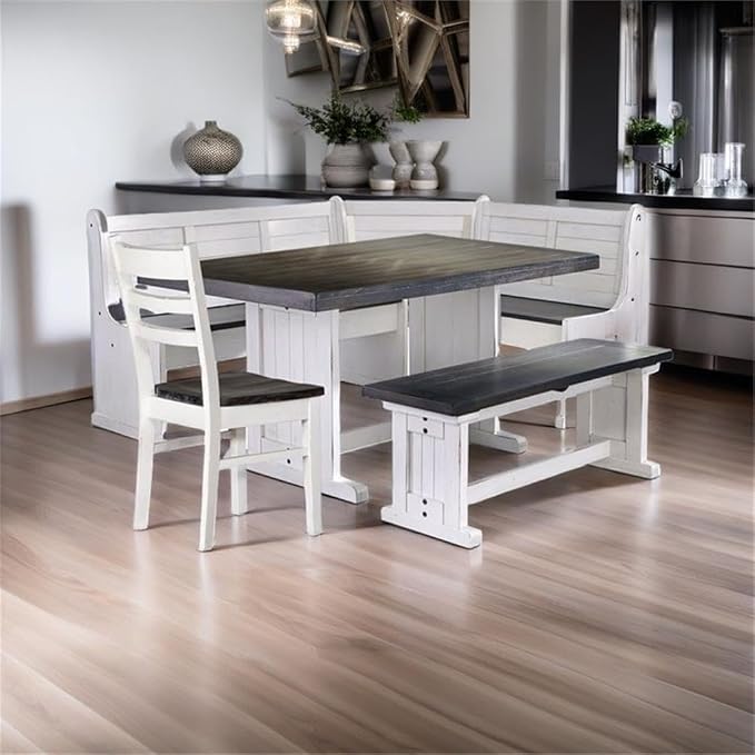 Pemberly Row 4-Piece Farmhouse Wood Breakfast Nook Set with Hidden Storage, Reversible Seating, Great for Small Spaces, in White & Brown Finish - Image 9