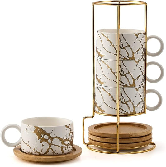 LUKA Porcelain Espresso Cup with Metal Stand, 6 Ounce Stackable Ceramic Demitasse Espresso Mugs Cappuccino Cups Set for Latte,Coffee,Cafe Mocha,Tea(Set of 4,White)