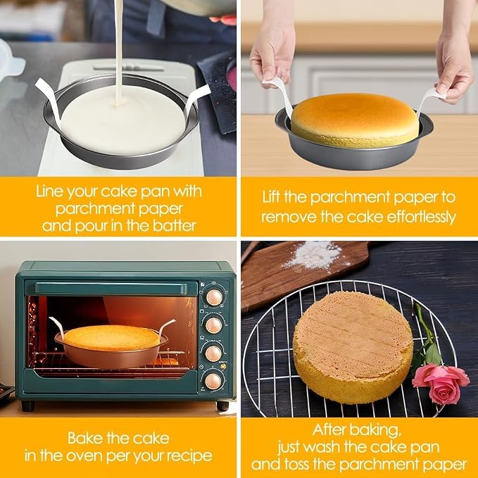 8 Inch Cake Pan, 3PCS Carbon Steel Round Cake Pans with 100 PCS Parchment Paper, Nonstick Cake Tins Flan Mold with Handle, Non-toxic & Healthy, Dishwasher Safe - Image 6