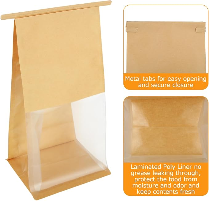 100PCS Bakery Bags with Window, 5.1 x 4.3 x 11.2 Inch Brown Tin Tie Tab Lock Bags Bakery Cookie Bags, Kraft Paper Cookie Treat Bag for Cookies Packaging Gift Giving Wedding Favors Coffee - Image 3