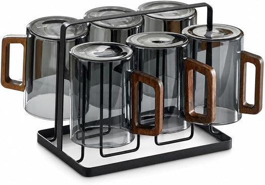 Borosilicate Glassware Set - Heat Resistant Drinking Glasses Set for Hot and Cold - for Home Use, Smoky gray wooden handle cups (460ML)*6 + cup holder by Unknown