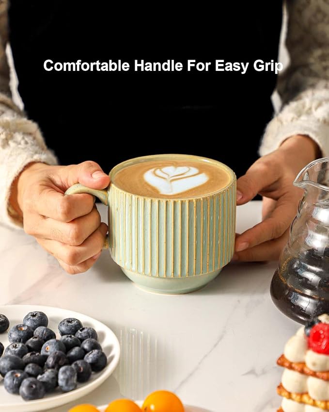 HASENSE Ceramic Coffee Mugs Set of 4 with Rack - 15 oz Stackable Large Porcelain Ribbed Latte Cup Set for Cappuccino, Tea, Hot Cocoa, Drinks - Dishwasher & Microwave Safe, Green Earth - Image 6