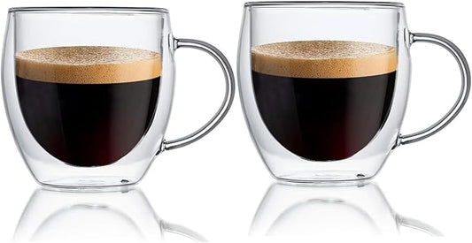 Espresso Cups Set Of 2 8 Oz, Double Walled Glass Coffee Mugs with Handle,Insulated Layer Coffee Cups,Clear Borosilicate Glass Mugs,Perfect for Cappuccino,Tea,Latte,Espresso,Hot Beverage,Wine