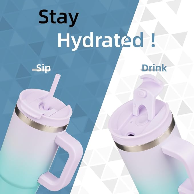 Konokyo 30 oz Insulated Tumbler Water Bottle with Handle, Straw Lid | BPA-free and dishwasher safe; made for gym, travel, coffee and gifting, 2 straws, cup holder friendly,Lavender Green - Image 2