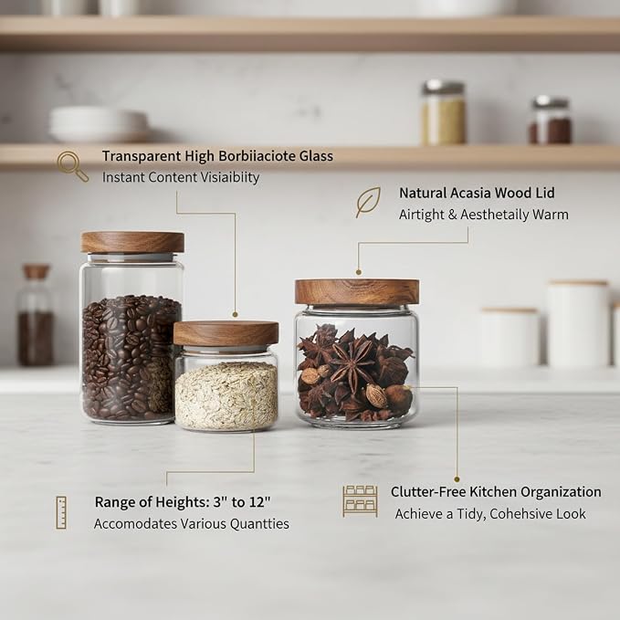 Clear Glass Storage Jars with Acacia Wood Lids for Pantry Organization - Dry Food Containers for Kitchen Countertops - Image 5