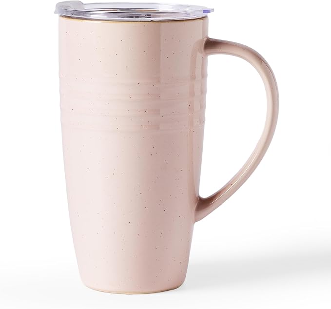 famiware Jupiter Large Coffee Mug, 20oz Coffee Mug with Lid, Ceramic Cup with Handle for Latte, Tea, Cocoa, Milk, Home & Office, Microwave and Dishwasher Safe, Light Pink by Famiware