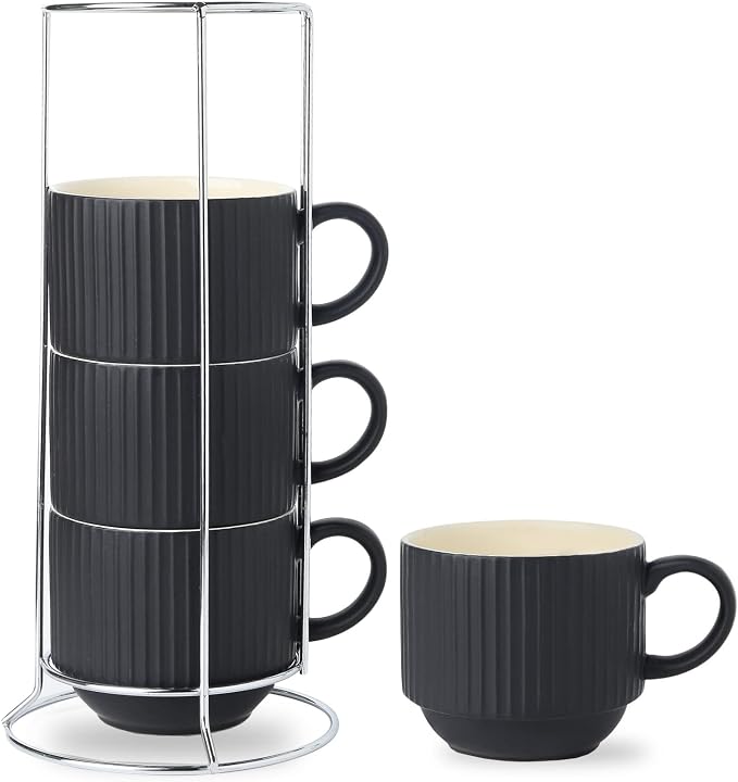 HASENSE Coffee Mug Ceramic Set of 4 with Stand, Stackable Large Latte Cups with Metal Stand, Dishwasher & Microwave Safe, Black for Cappuccino Tea Hot Cocoa by Hasense