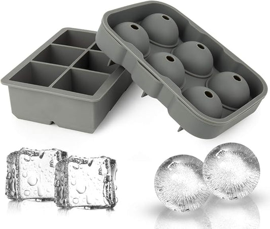 Ticent Ice Cube Trays Set of 2-Silicone Sphere Ice Ball Maker with Lid & Large Square Ice Molds for Whiskey, Cocktail & Brandy (Grey)