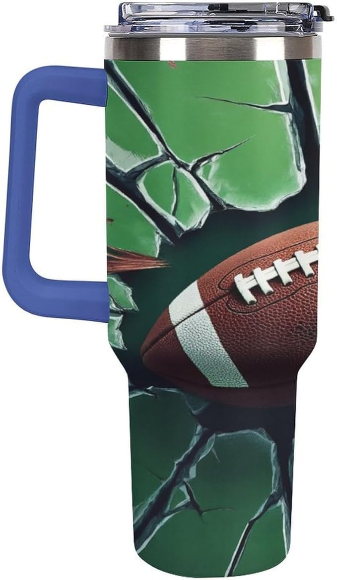 Football Impact on Cracked Glass Tumbler with Handle Insulated Water Travel Coffee Mug Bottle with Lid And Straw Stainless Steel Leak Proof Vacuum Insulated Cup 40 OZ
