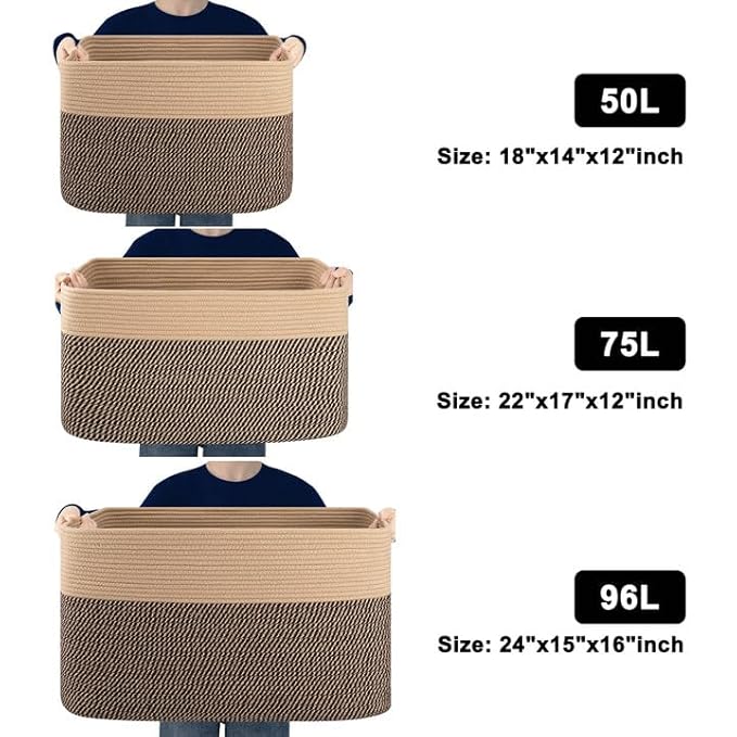 75L Large Blanket Basket, Toy Basket Bin for Kids, Cotton Rope Woven Storage Basket for Living Room, Bedroom, Nursery, Baby Room Decorative Organizer, 22''×17''×12'', Brown & Black
