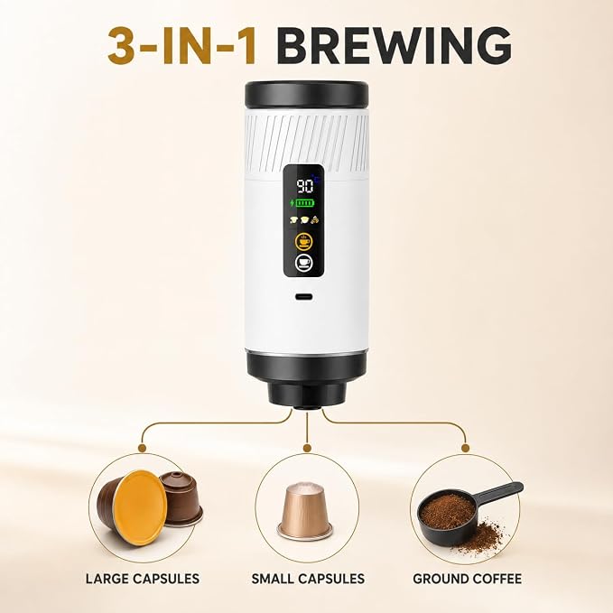 Portable Espresso Machine, 3-in-1 Self-Heating Coffee Maker, 290 PSI, USB-C | Self-heating 3-in-1 portable espresso maker for capsules & ground coffee, 290 PSI hot/cold brew, USB-C charging, Pure White - Image 4
