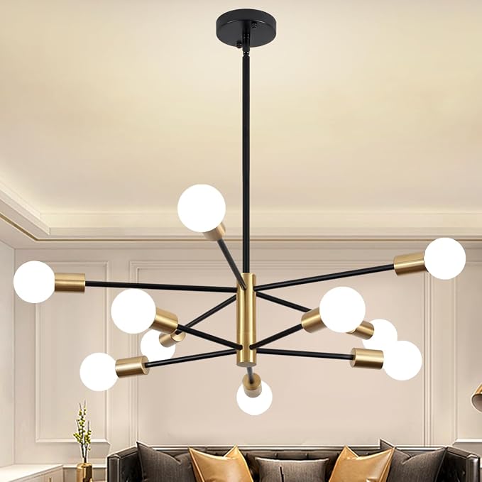 10-Light Modern Chandelier Sputnik Light Fixtures, Mid Century Chandelier Dining Room Light, Black and Gold Ceiling Lights Chandeliers for Bedroom Living Room Kitchen by ZSMIHDOH