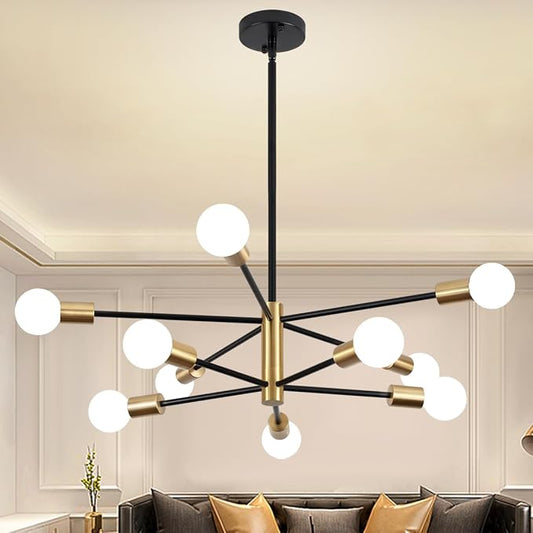 10-Light Modern Chandelier Sputnik Light Fixtures, Mid Century Chandelier Dining Room Light, Black and Gold Ceiling Lights Chandeliers for Bedroom Living Room Kitchen by ZSMIHDOH