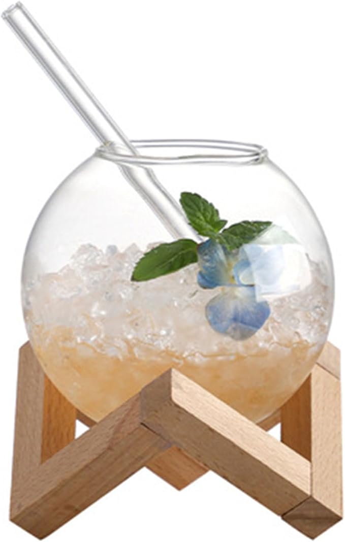 Drink Cup Cocktails Mug Glassware Juices Tumblers Creative Ronud Ball Glass Cup with Wood Stand Drinking Glassware Restaurant Cold Drinking Juices Cups - Image 4