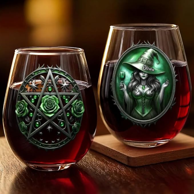 Customized Witch Spooky Stemless Wine Glass, Personalized Fantasy Magic Women Bar Glassware, Women Witch Lovers Wine Glass, Gothic Wiccan Pentagram Rose Drinking Glass, Witchy Lover Gift for Halloween - Image 3