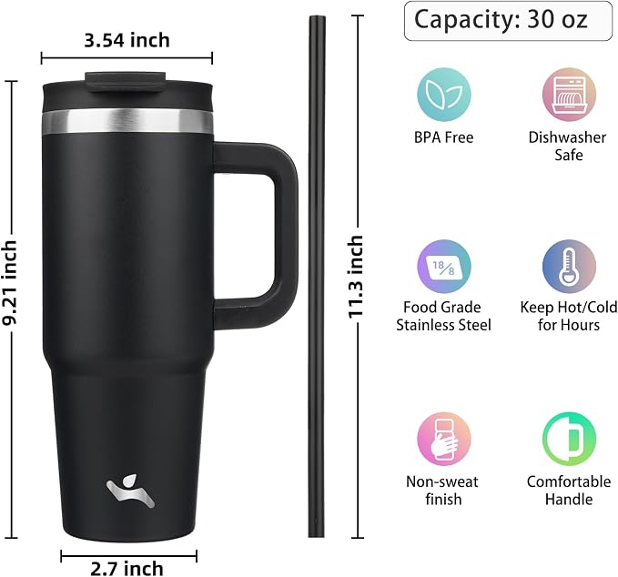Konokyo 30 oz Insulated Tumbler Water Bottle with Handle, Straw Lid | BPA-free and dishwasher safe; made for gym, travel, coffee and gifting, 2 straws, cup holder friendly,Black - Image 4