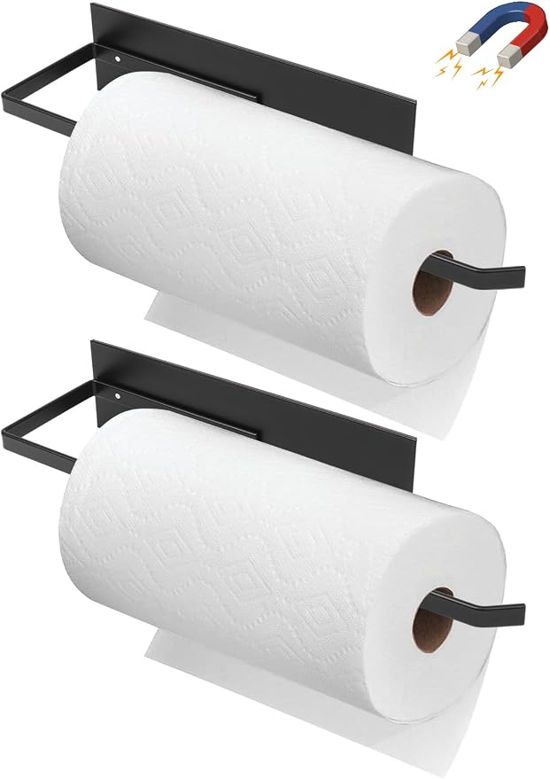 Paper Towel Holder Black, Toilet Paper Roll Holder Magnetic Towel Rack Wall Mount Fridge Organizer Shelf for Towels Rolls Bar Bathroom Toilet Pantry RV Essentials Kitchen Organizers and Storage 2 Pack by SeropyDirect