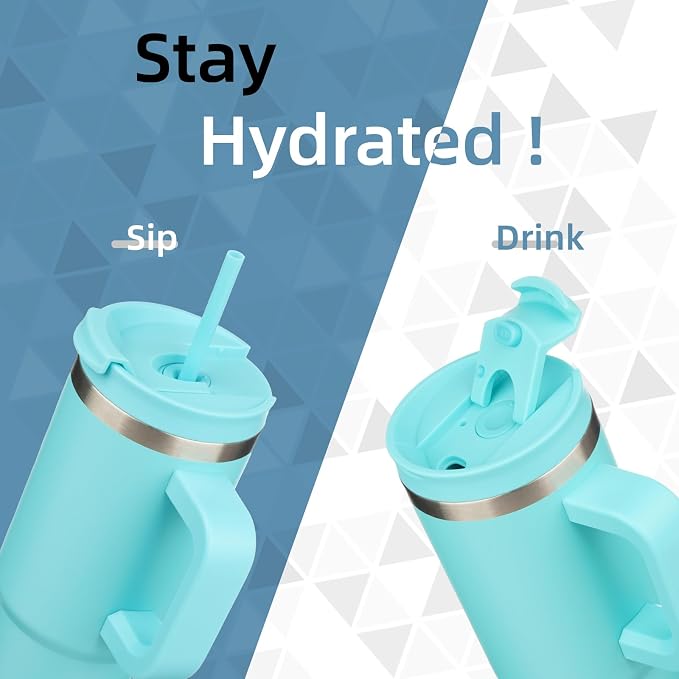 Konokyo 40 oz Insulated Tumbler Water Bottle with Handle, Straw Lid | BPA-free and dishwasher safe; made for gym, travel, coffee and gifting, 2 straws, cup holder friendly,Turquoise - Image 2