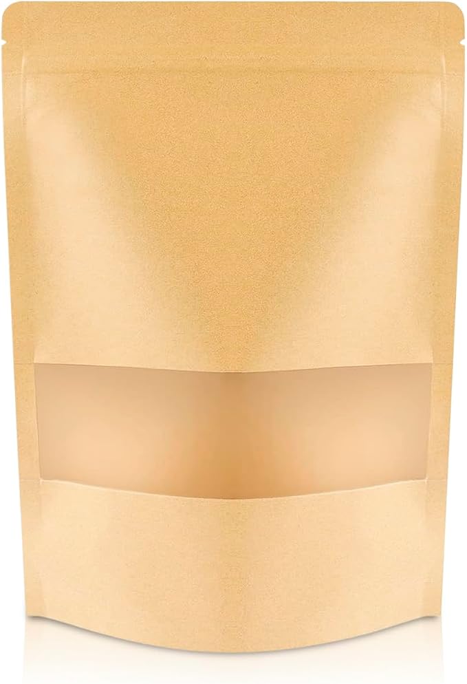 DiRose Kraft Stand Up Pouches with Window, Reclosable Food Storage Bags, Heat Sealable Stand Up Pouch for Coffee, Candy, Nuts, Tea, Spices – 8 oz (100 Pack) by DiRose