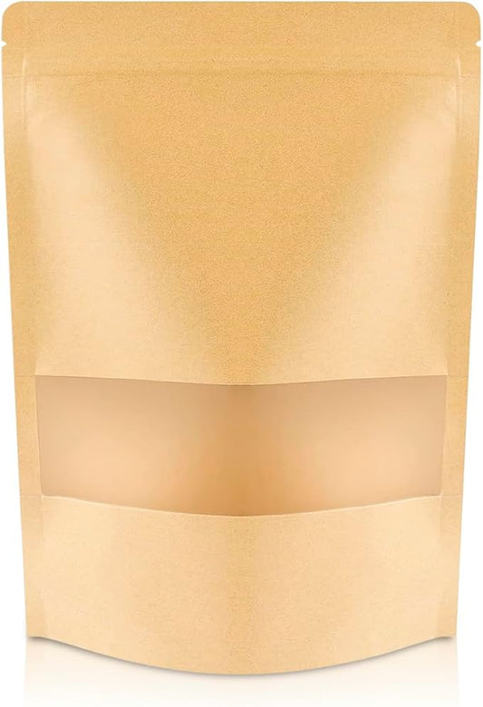 DiRose Kraft Stand Up Pouches with Window, Reclosable Food Storage Bags, Heat Sealable Stand Up Pouch for Coffee, Candy, Nuts, Tea, Spices – 8 oz (100 Pack) by DiRose
