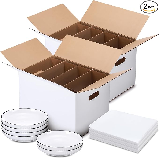MotiMind 2 Sets Dish Moving Boxes with Divider Kits 15 x 12 x 10 Inches Dish Packing Box Kitchen Moving Boxes with 18 Foam Pouches for Dishes China Packing Supplies by MotiMind