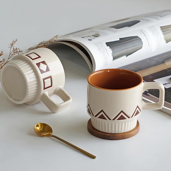 Stackable Coffee Mug Sets of 4 with Rack Tea Cup Set with Spoon 11oz for Coffee, Tea, Cocoa, Cappuccino, Hot Chocolate Ceramic Espresso Cups with Coffee Cup Holder, theme of Geometric - Image 7