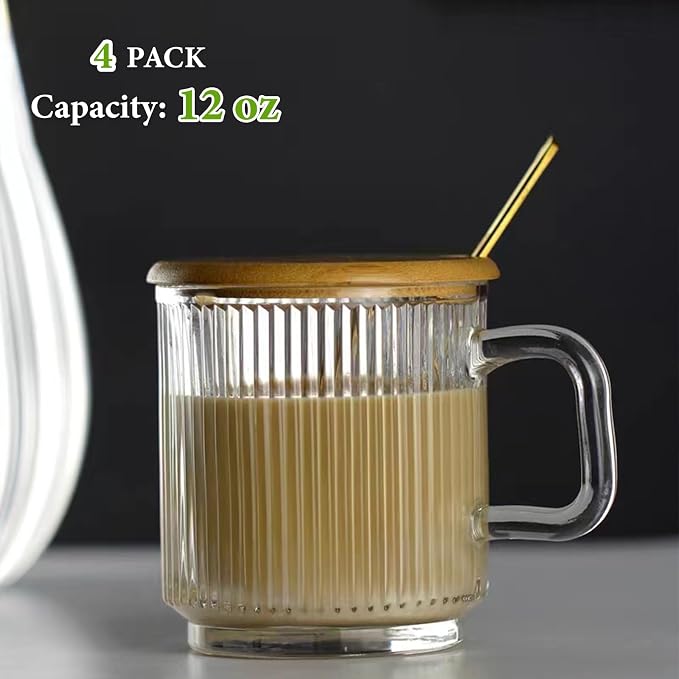 Mfacoy 4 PACK Glass Coffee Mugs with Handle & Spoon, 12 OZ Glass Coffee Cups with Bamboo Lid, Ribbed Glass Cups, Clear Tea Cup for Hot/Cold Beverages, Glassware Set for Americano, Latte, Cappuccino - Image 2