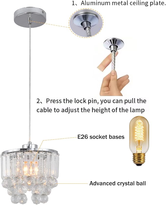 Set of 2 Polished Crystal Chandelier Pendant Light,Cord Adjustable Hanging Pendant Lamp, Modern Light Crystal Decorative Pendant Lighting Fixture for Kitchen Island Dining Room Cafe Shops Restaurants - Image 3