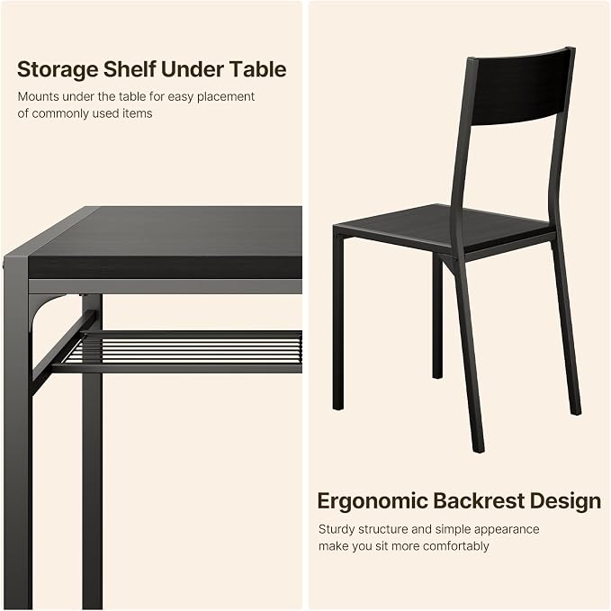 Gizoon 3-Piece Dining Table Set for 2, Small Kitchen Table & Chairs Black | Compact black 2-person dining set perfect for apartments. Features under-table storage rack and 2 chairs that tuck away. - Image 5