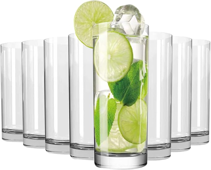 Wlasss Drinking Glasses Set of 8, 16oz Glass Cups, Kitchen Highball Glasses for Beer, Juice and Cocktail, Collins Water Glasses for Bar Glassware, Unique Gifts for Christmas by WlasssLightweightGlasswareMakingLifeEasier