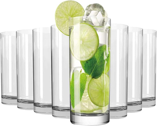 Wlasss Drinking Glasses Set of 8, 16oz Glass Cups, Kitchen Highball Glasses for Beer, Juice and Cocktail, Collins Water Glasses for Bar Glassware, Unique Gifts for Christmas by WlasssLightweightGlasswareMakingLifeEasier