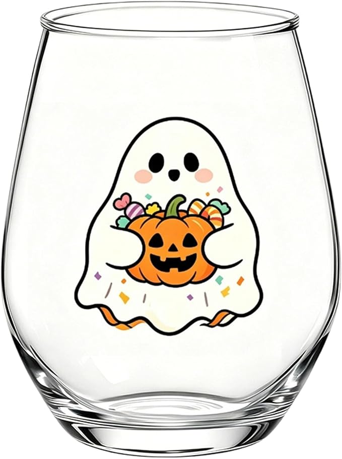 Halloween Stemless Wine Glass, Cute Pumpkin Ghost Cat Egg Shaped Tumbler, Clear Waterproof Printed Glassware, Festive Decorative Cup, Halloween Party Supplies & Holiday Gift for Women, C by Unknown