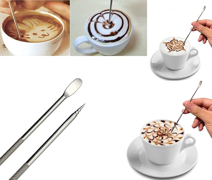 AKOAK Stainless Steel Coffee Art Pen,Coffee Fancy Stitch Barista Tool for Cappuccino Latte Espresso Decorating,2 Pieces