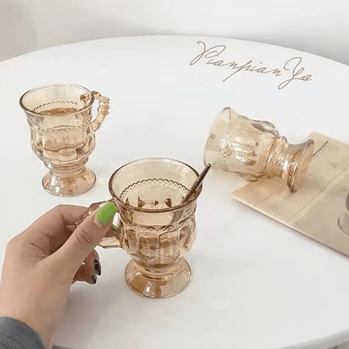 4pcs Vintage Irish Coffee Mugs, Crystal Clear Irish Coffee Glass with Handle, Footed Stem Base, Heat Resistant, Heavy Duty Cups for Hot Chocolate, Tea, Coffee, Beige