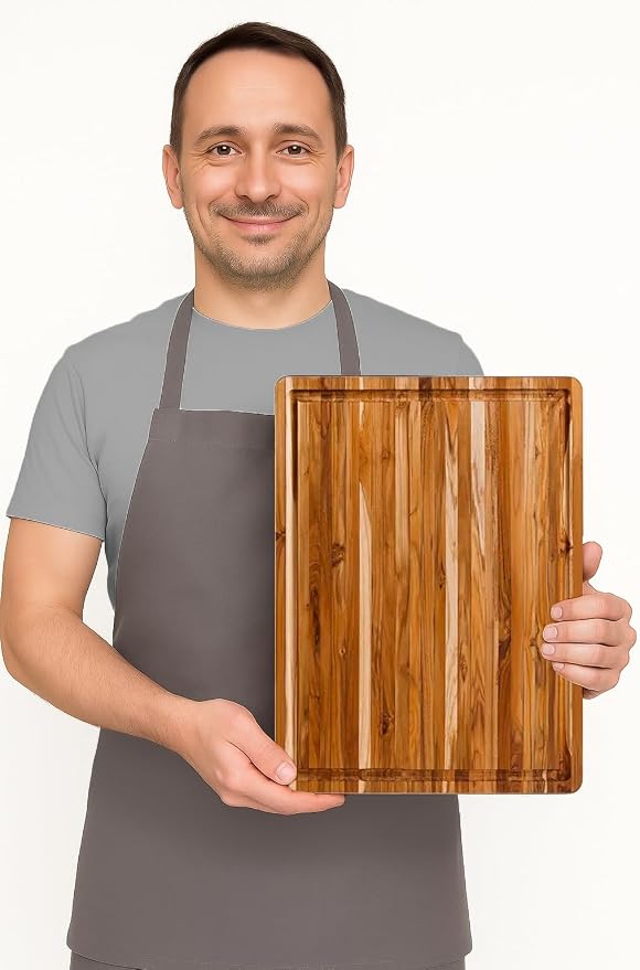 Teakhaus Carving Board and EON Cutting Board Oil Set - Small (S) Teak Wood Cutting Board with Juice Groovel & Food-Grade Mineral Oil - 16”L x 12”W x 1.5” Thick - FSC Certified - Image 6