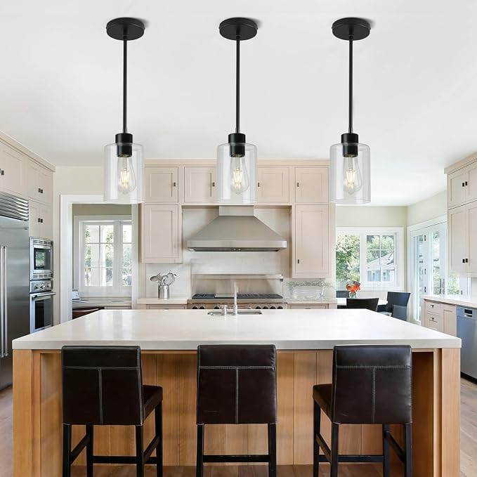 Black Pendant Lights Kitchen Island,Modern Farmhouse Glass Pendant Light,Light Fixture Kitchen Pendant Mini Hanging Light Fixture for Sink (1 Pack Black stem Rod) - Image 2