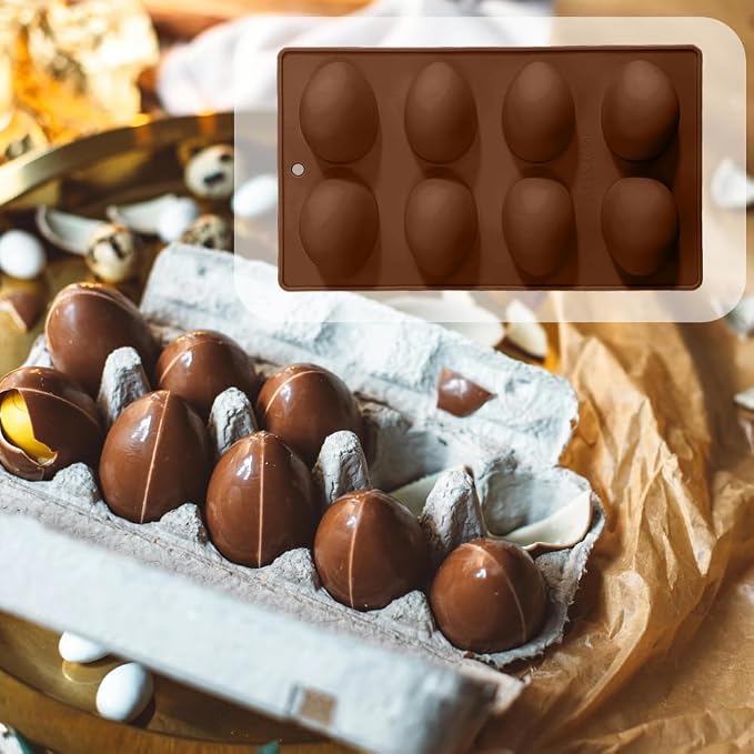 3 Pack 3D Easter Egg Silicone Molds, 8 Cavity Egg Shape Non-stick Baking Molds Tray DIY Baking Tool for Easter Chocolate Cake Dessert Muffin Mousse Pastry Handmade Soap Crayons(Brown) - Image 6