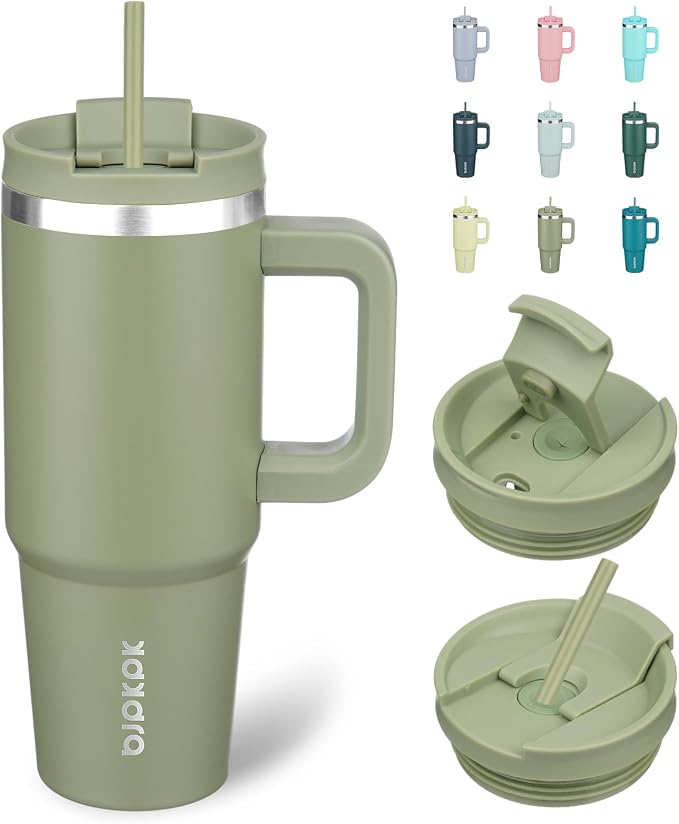 BJPKPK 30 oz Insulated Tumbler with Handle & Straw, Stainless Steel | Double Wall Vacuum Insulation, Leak Proof, BPA Free, Dishwasher Safe, Cupholder Friendly, Travel & Outdoor, Sage by BJPKPK