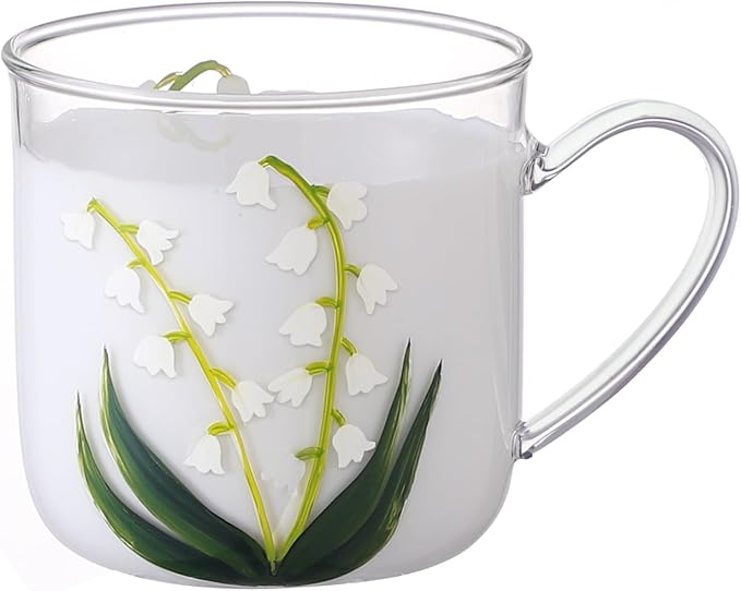 12oz/350ml Hand Painted Glass Cups With Handle,Clear Glass Coffee Cups,Coffee Glasses For Hot Beverages,Clear Mugs (Lily of the Valley)