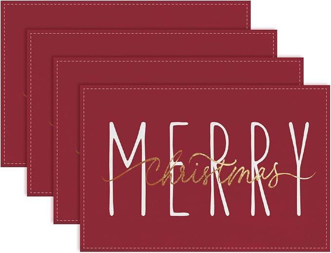 ONWAY Merry Christmas Gold Placemats 12x18 Inch Set of 4 Xmas Winter Holiday Place Mats for Home Party Kitchen Dining Table Decorations by ONWAY