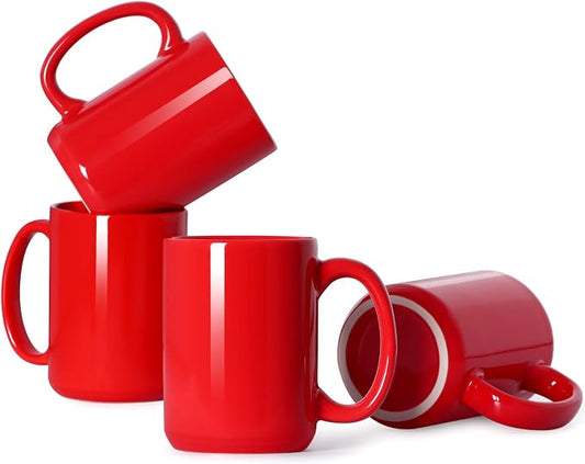 16 OZ Coffee Mugs, Classic Blank Ceramic Cup with Large Handle for Tea Latte Cappuccino, Set of 4, Red by Smilatte