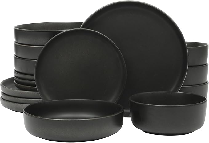 Gibson Elite Pasco 16 Piece (Service for 4) Plates and Bowls Double Bowl Reactive Glaze Dishes Stoneware Ceramic Dinnerware Set - Black by GibsonHomewares