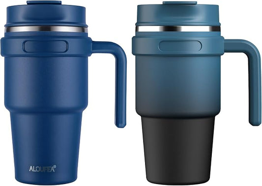 20 oz Insulated Travel Coffee Mug Tumbler with Handle and Straw | Leakproof Stainless Steel Coffee Cup with Lid, Double Wall Vacuum Ice Thermal Cup, Navy and Indigo Black by ALOUFEA