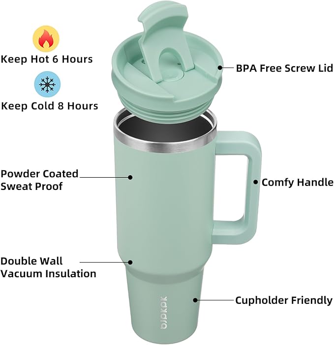 BJPKPK 40 oz Insulated Tumbler with Handle & Straw, Stainless Steel | Double Wall Vacuum Insulation, Leak Proof, BPA Free, Dishwasher Safe, Cupholder Friendly, Travel & Outdoor, Pistachio Green - Image 2