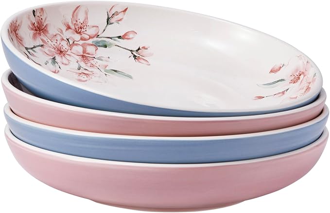 Bico Spring Sakura Pasta Bowls, 35oz Salad Bowl Set of 4, Large Ceramic Serving Dinner Bowls for Soup and Cereal, Microwave and Dishwasher Safe, Gift for Housewarming and Thanksgiving by Bico